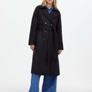 NWT Madewell Women's Black Double-Breasted Trench Coat Size S Wool Winter Cozy